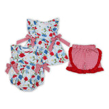 Floral Red Plaid Bows Blue Girls 4th of July Romper