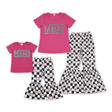 Mama Letters Plaid Hot Pink Adults Short Sleeve+Trousers Sets