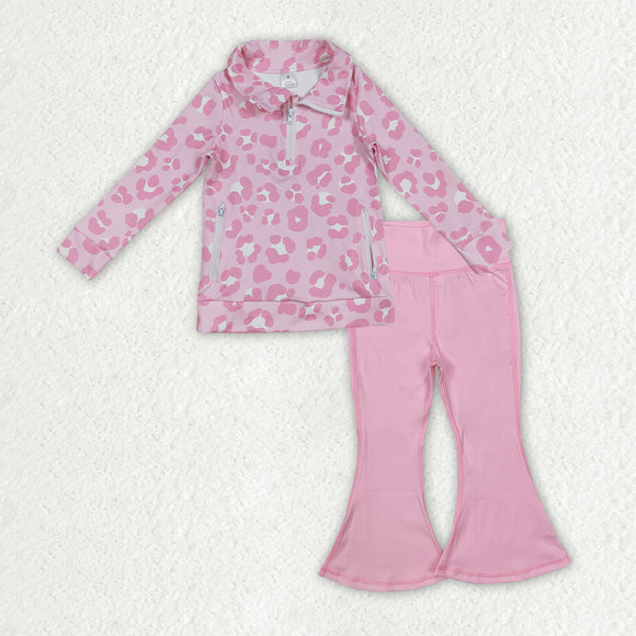 Pink Leopard Print Athletic Yoga Girls Long Sleeve+Trousers Sets