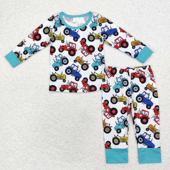 Bamboo Tractor Blue White Boys Long Sleeve Pajamas