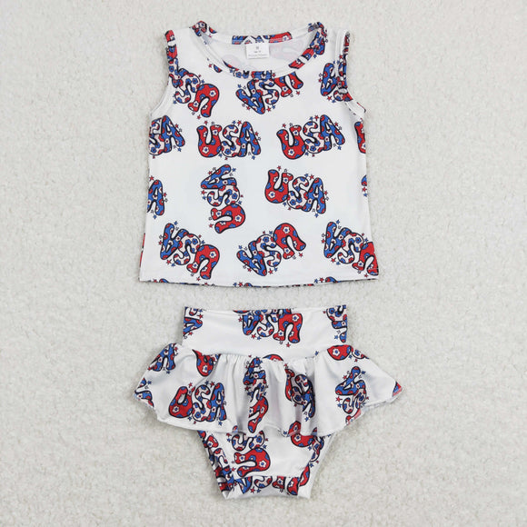 USA Letters White Girls 4th of July Bummies Sets