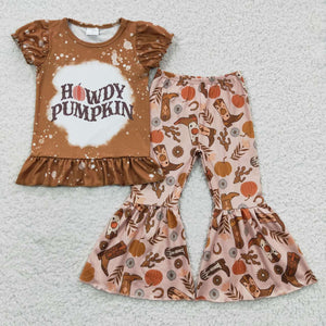 Howdy Pumpkin Brown Girls Short Sleeve+Trousers Sets