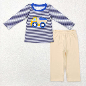 Construction Truck Blue Stripe Khaki Boys Long Sleeve+Trousers Sets