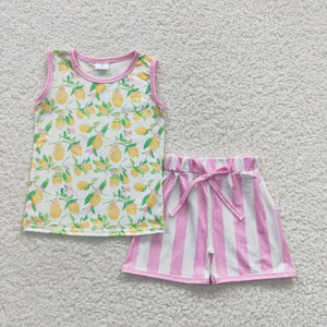 Lemon Pink Stripe Girls Shorts Sets