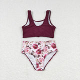 Floral Wine Red Bows Girls Swimsuits