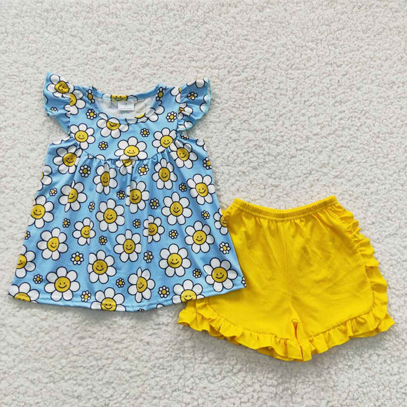 Smile Floral Sky Blue Yellow Girls Shorts Sets