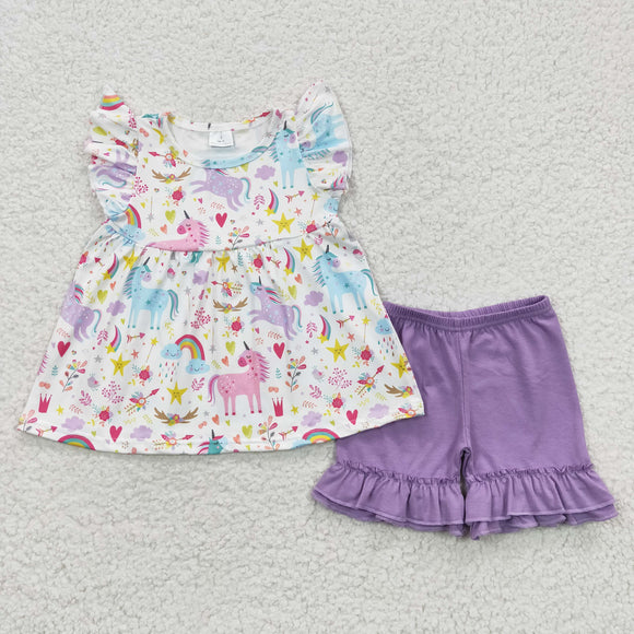 Promotional Unicorn Purple Ruffles Girls Shorts Sets