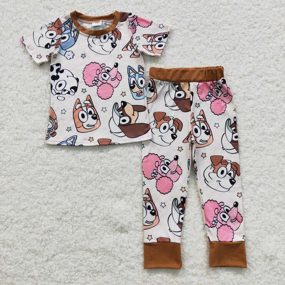 Cartoon Dogs Brown Boys Short Sleeve Pajamas