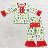 Trees Red Ruffles White Mommy & Me Girls Christmas Pajamas