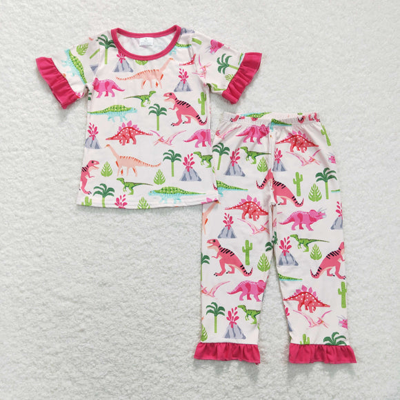 Dinosaur Hot Pink Ruffles Girls Short Sleeve Pajamas