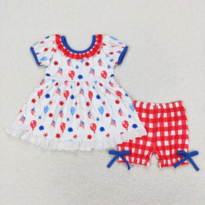 Balloon Red Plaid Ruffles Girls 4th of July Outfits