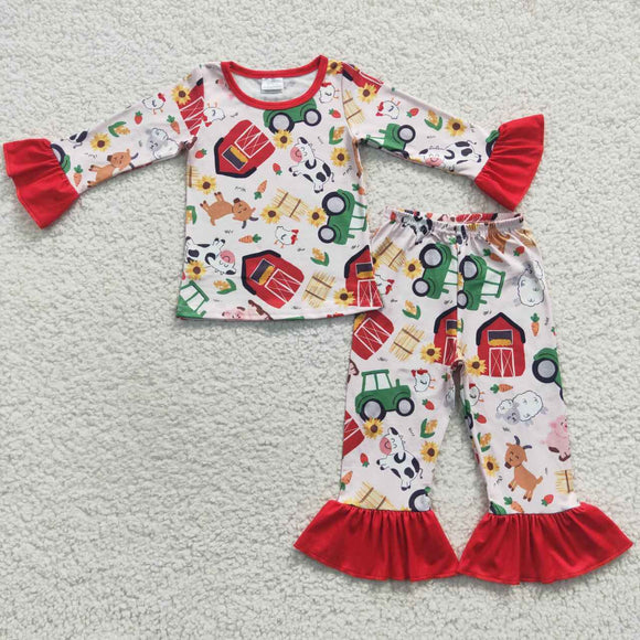 Farm Animals Red Ruffles Girls Long Sleeve Pajamas