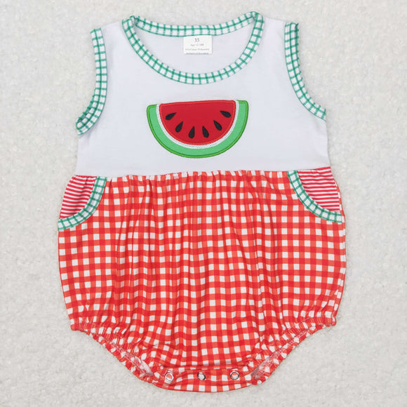 Watermelon Red Plaid White Boys Summer Romper