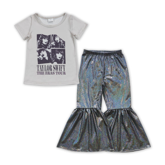 Eras Tour Singer Black Satin Girls Short Sleeve+Trousers Sets