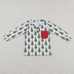 Star Trees Red Pocket White Boys Christmas Top