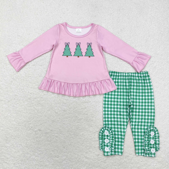 Tree Green Plaid Pink Girls Christmas Outfits