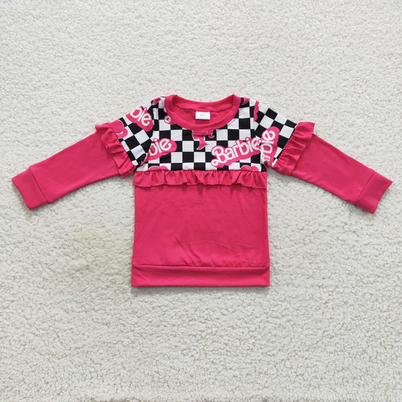 Cartoon Dolls Black White Plaid Ruffles Girls Long Sleeve Top