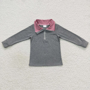 Red Plaid Polo Gray Boys Long Sleeve Top