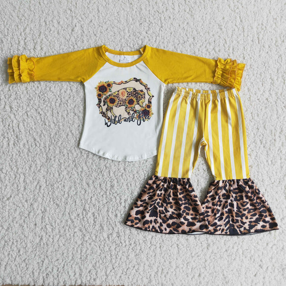 Promotional Wild Free Yellow Stripes Girls Long Sleeve+Trousers Sets