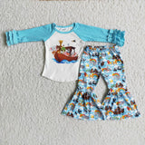 Promotional Cartoon Animals Blue Girls Long Sleeve+Trousers Sets