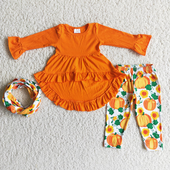 Promotional Solid Orange Pumpkin Girls Long Sleeve+Trousers Sets