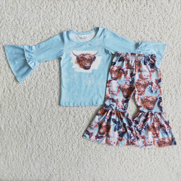 Promotional Cow Sky Blue Girls Long Sleeve+Trousers Sets