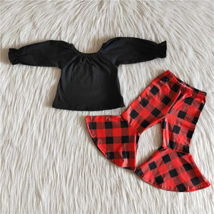 Promotional Red Black Plaid Girls Christmas Outfits