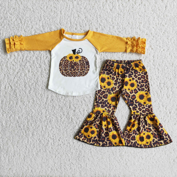 Promotional Leopard Print Sunflower Pumpkin Yellow Girls Long Sleeve+Trousers Sets