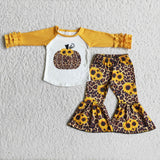 Promotional Leopard Print Sunflower Pumpkin Yellow Girls Long Sleeve+Trousers Sets