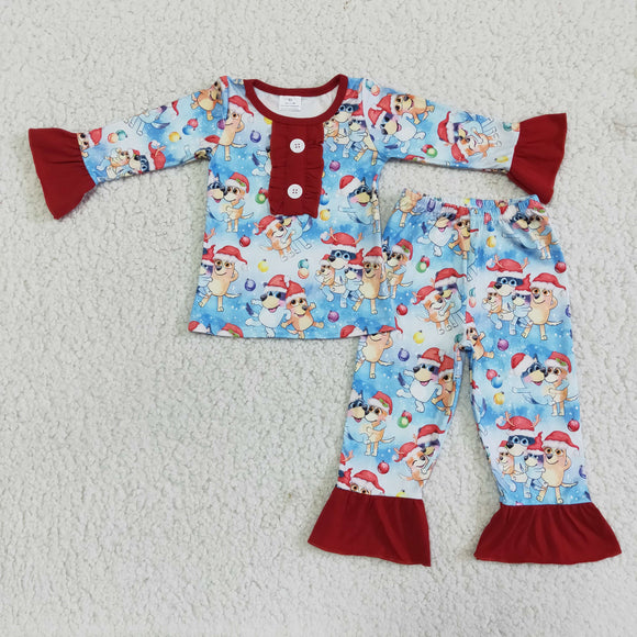 Promotional Cartoon Dogs Blue Girls Christmas Pajamas