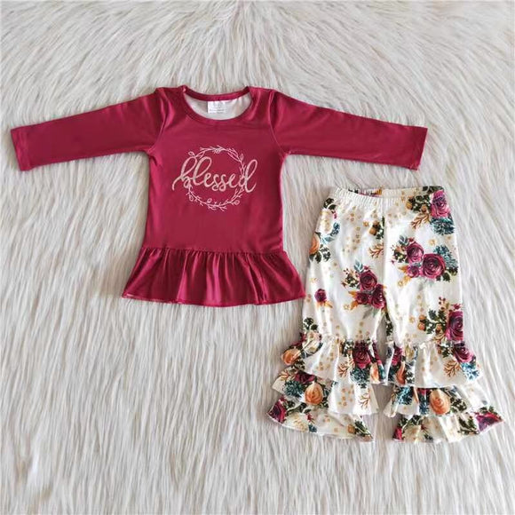 Promotional Bleassed Floral Red Girls Long Sleeve+Trousers Sets