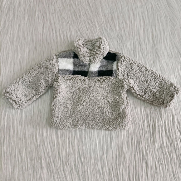 Plaid Gray Kids Pullover Plush Coat