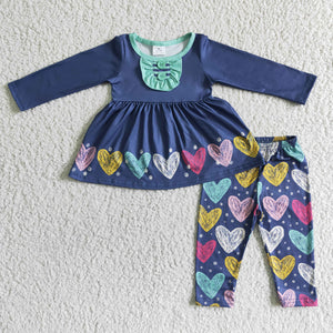 Promotional Heart Print Blue Girls Valentines Outfits