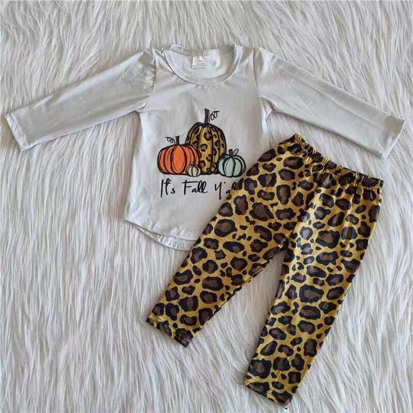 Promotional Fall Pumpkin Leopard Print Girls Long Sleeve+Trousers Sets