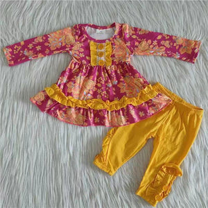 Promotional Floral Yellow Ruffles Hot Pink Legging Girls Long Sleeve+Trousers Sets