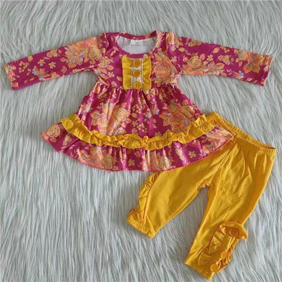 Promotional Floral Yellow Ruffles Hot Pink Legging Girls Long Sleeve+Trousers Sets