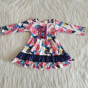 Promotional Floral Blue Ruffles Girls Long Sleeve Dress