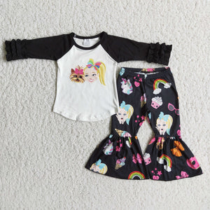 Promotional Cartoon Dog Rainbow Black Girls Long Sleeve+Trousers Sets