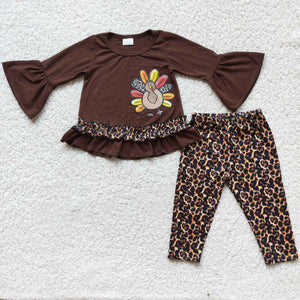 Promotional Turkey Leopard Print Brown Girls Thanksgiving Outfits