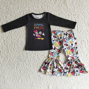 Promotional Cartoon Happy New Year Black Girls Long Sleeve+Trousers Sets