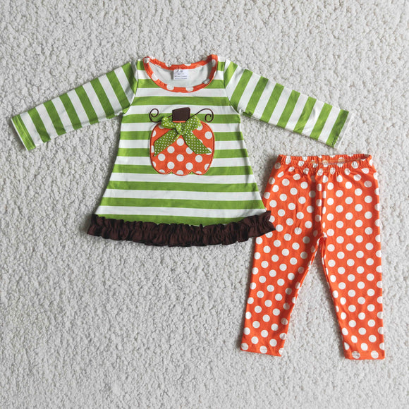 Promotional Polka Dots Orange Pumpkin Embroidery Green Stripe Girls Long Sleeve+Trousers Sets