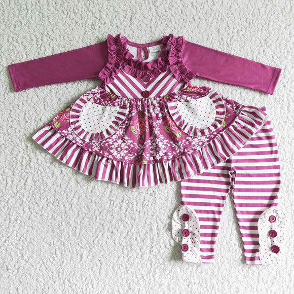 Promotional Floral Pockets Purple Ruffles Stripes Legging Girls Valentines Outfits