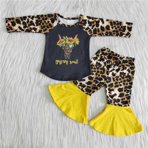 Promotional Yellow Black Leopard Print Girls Long Sleeve+Trousers Sets