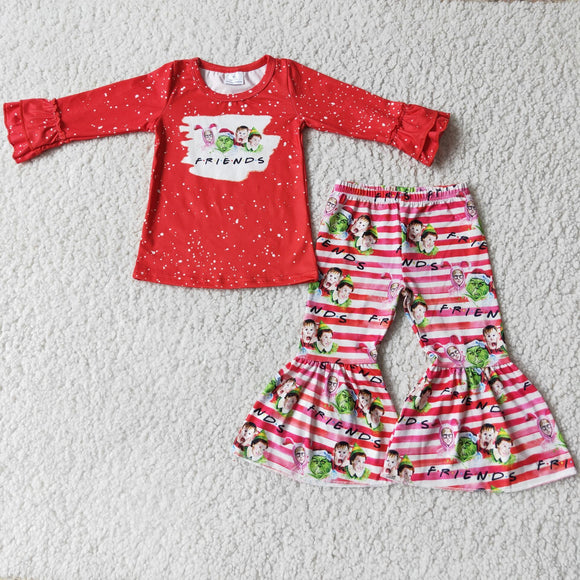 Promotional Cartoon Friends Red Stripe Girls Christmas Outfits