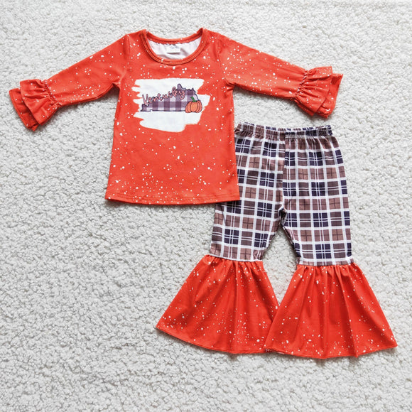 Promotional Pumpkin Plaid Orange Girls Long Sleeve+Trousers Sets