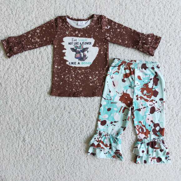 Promotional Cow Brown Blue Girls Long Sleeve+Trousers Sets