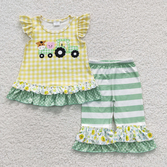 Promotional Yellow Green Stripe Girls Short Sleeve+Trousers Sets