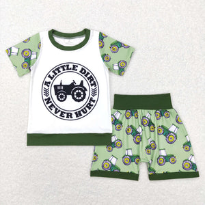 0-3M--7-8T A Little Dirt Never Hurt Tractor Green Boys Shorts Sets