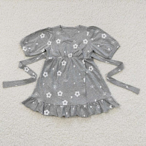 2T--7-8T Floral Gray Belt Girls Short Sleeve Dress