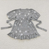 2T--7-8T Floral Gray Belt Girls Short Sleeve Dress